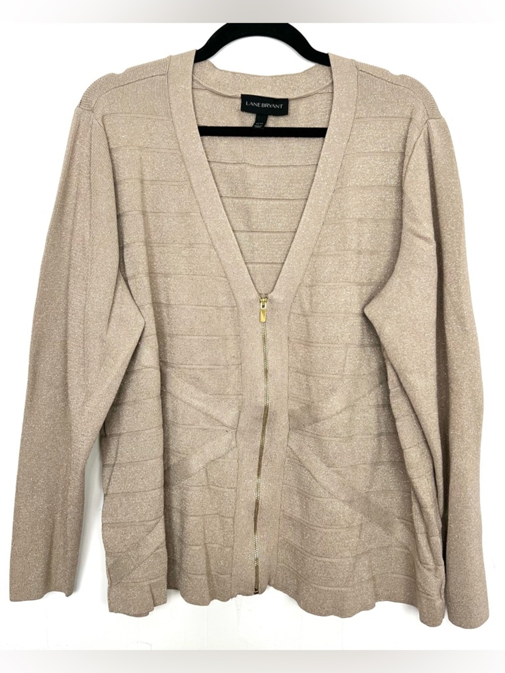 33. Lane Bryant Tan Gold Shimmer Zip Front Cardigan Sweater Bandage 22/24 3X